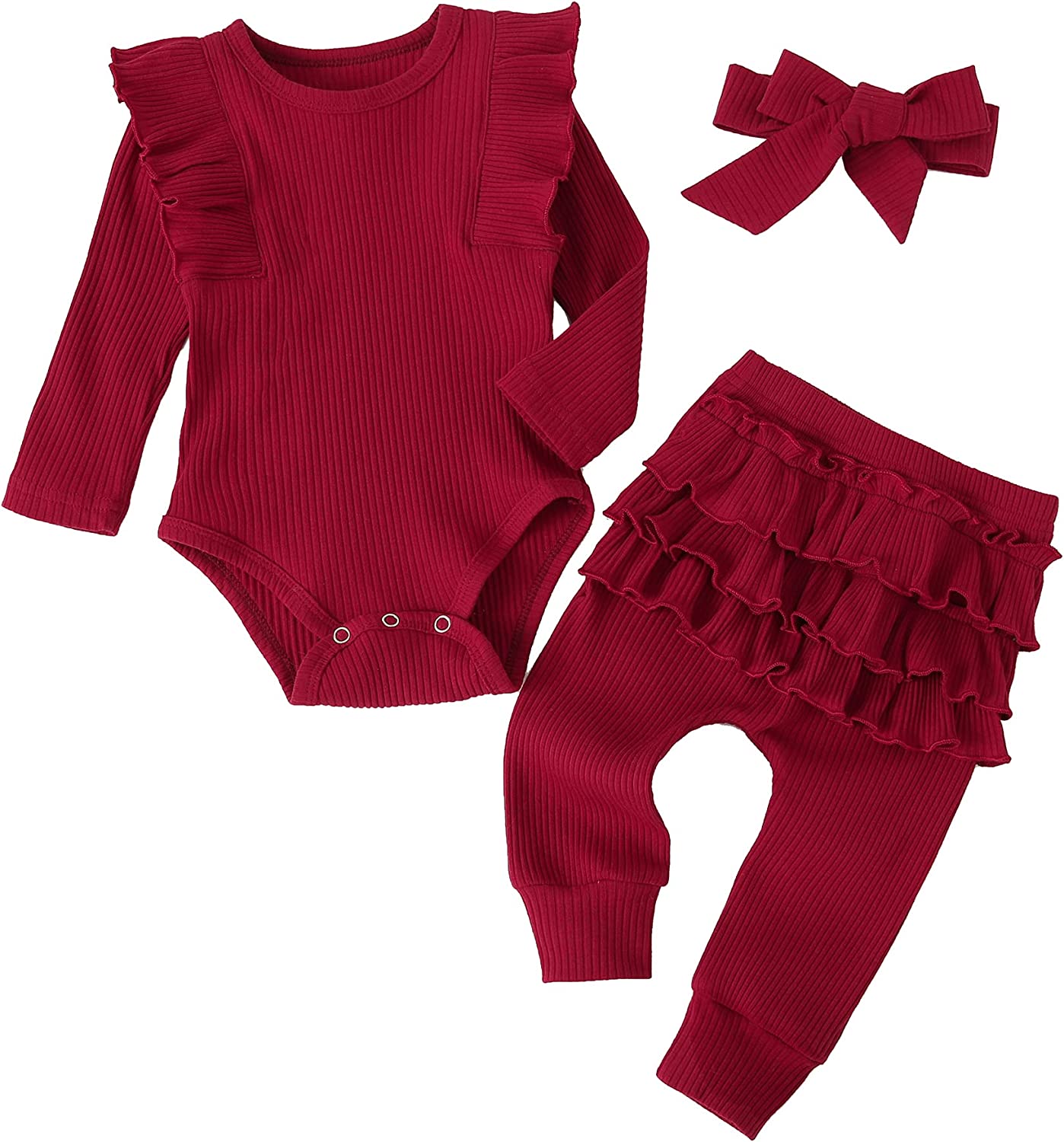 230816025134558_1 Fullfamous Baby Girl's 3pc Rib Frill Long Sleeve Romper and Pant Set - Image 1